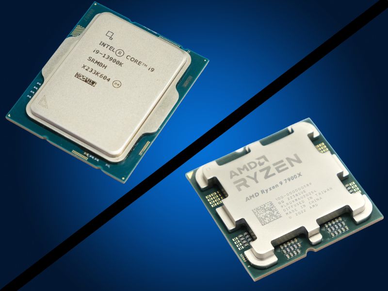 Na slici su dva procesora Intel Core i9 i AMD Ryzen 9, na plavoj pozadini 