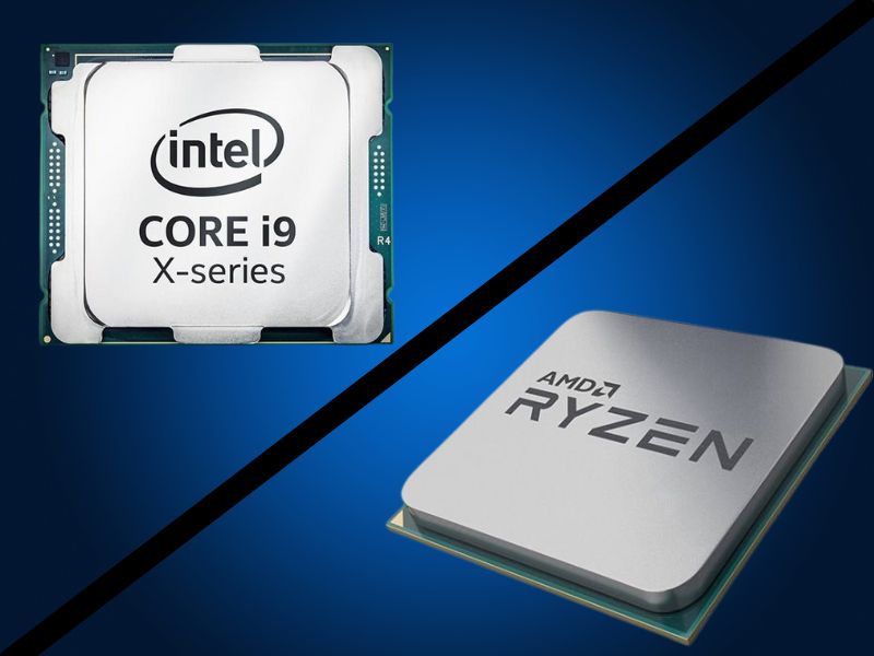 Na slici su dva procesora za komjuter, jedan je intel a drugi je amd, plava poozadina