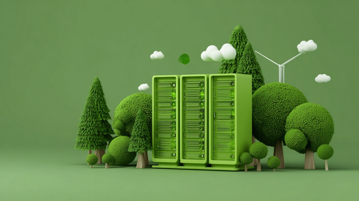 Ilustracija zelenih servera okruženih drvećem i vetroturbinom, simbolizujući ekološki održiv VPS hosting
