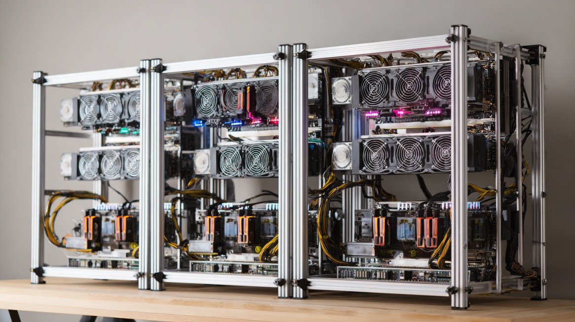 Otvoreno GPU server postrojenje sa više grafičkih kartica i sistemima hlađenja, dizajnirano za obradu kompleksnih računarskih operacija