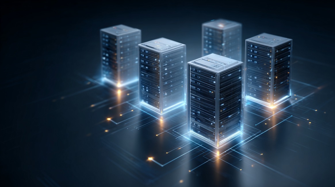 Digitalni prikaz povezanih serverskih jedinica koje simbolizuju moćnu infrastrukturu visokih performansi VPS hostinga