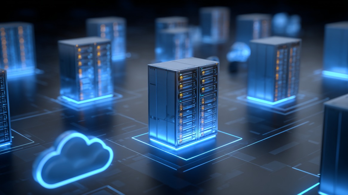 Vizualizacija serverskih jedinica povezanih u mrežu sa cloud simbolom koji označava virtualizovani hosting sistem