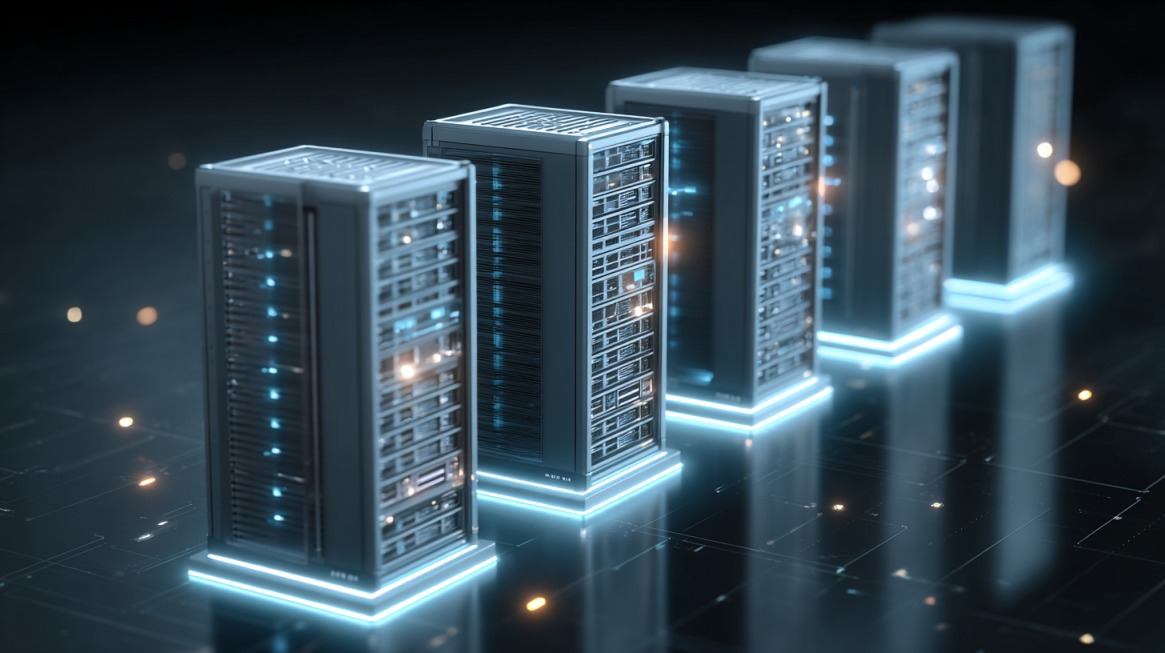Red servera sa plavim svetlima koji simbolizuju stabilnost, sigurnost i tehnološku naprednost VPS hostinga