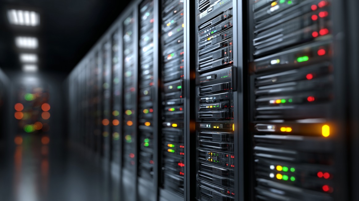 Redovi serverskih ormana sa svetlećim indikatorima u data centru, prikazuju infrastrukturu koja pokreće VPS hosting