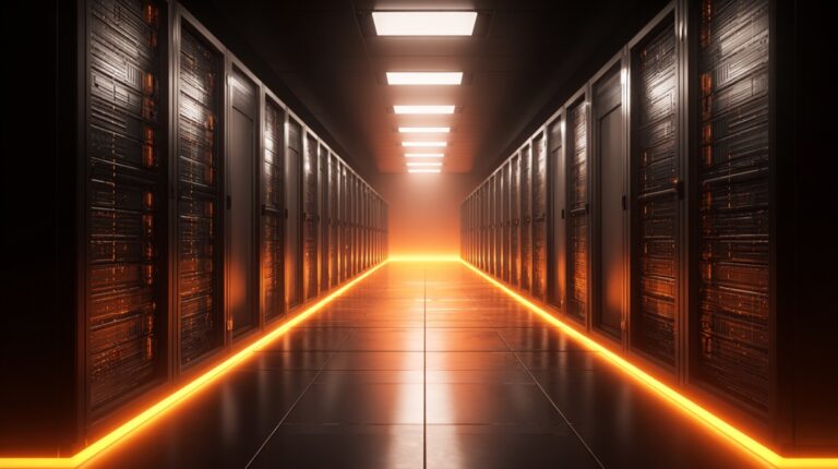 Moderni serveri u data centru sa osvetljenim podom, simbolizujući pouzdanost i naprednu infrastrukturu VPS hostinga