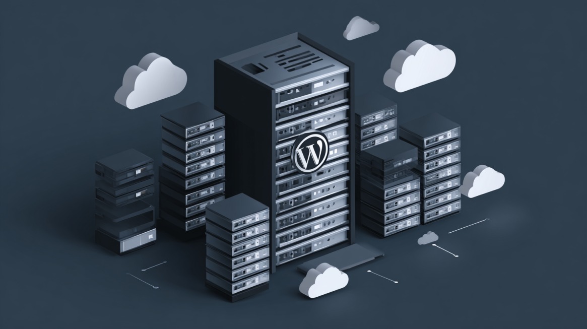 Ilustracija serverskih jedinica sa WordPress logotipom i oblacima koji simbolizuju cloud infrastrukturu i optimizovani hosting