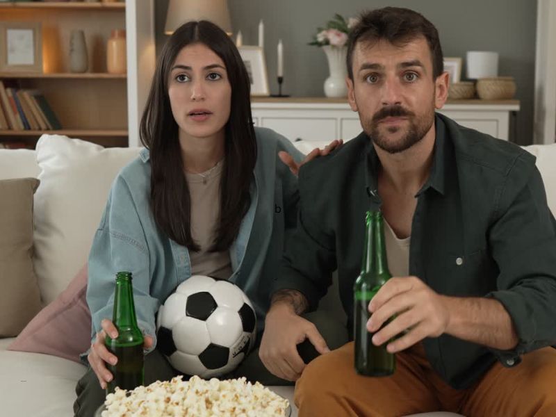 momak i devojka drži pivo ur uci, sede na ugaonoj, jedu kokice i gledaju fudbalsku utakmicu uživo