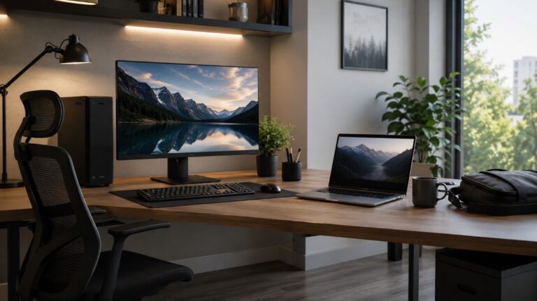 Kućna kancelarija sa desktop računarom i laptopom na istom radnom stolu, kao prikaz izbora između performansi i prenosivosti.