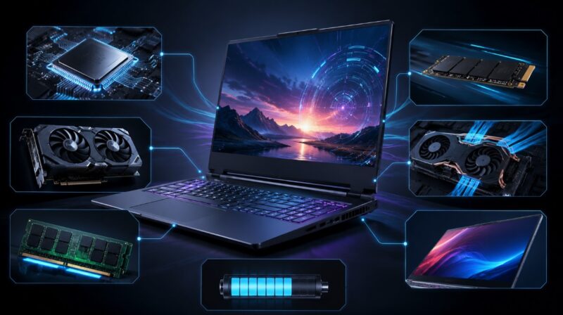 Laptop visokih performansi okružen prikazima procesora, grafičke kartice, RAM memorije, SSD diska, sistema hlađenja, baterije i ekrana.