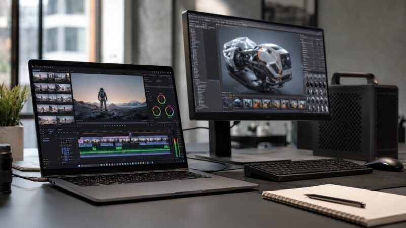 Profesionalni laptop povezan sa eksternim monitorom prikazuje video montažu i 3D modelovanje u modernom radnom prostoru.