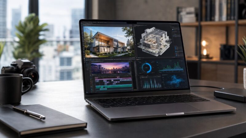 Snažan laptop na radnom stolu prikazuje video montažu, arhitektonsko projektovanje i analizu podataka kao primer ozbiljnog profesionalnog rada.