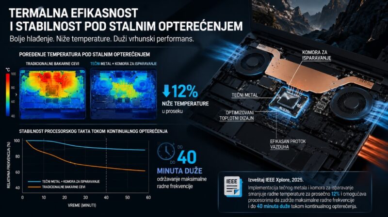 Prikaz sistema hlađenja laptopa sa ventilatorima, bakarnim cevima, tečnim metalom i komorom za isparavanje tokom intenzivnog rada.