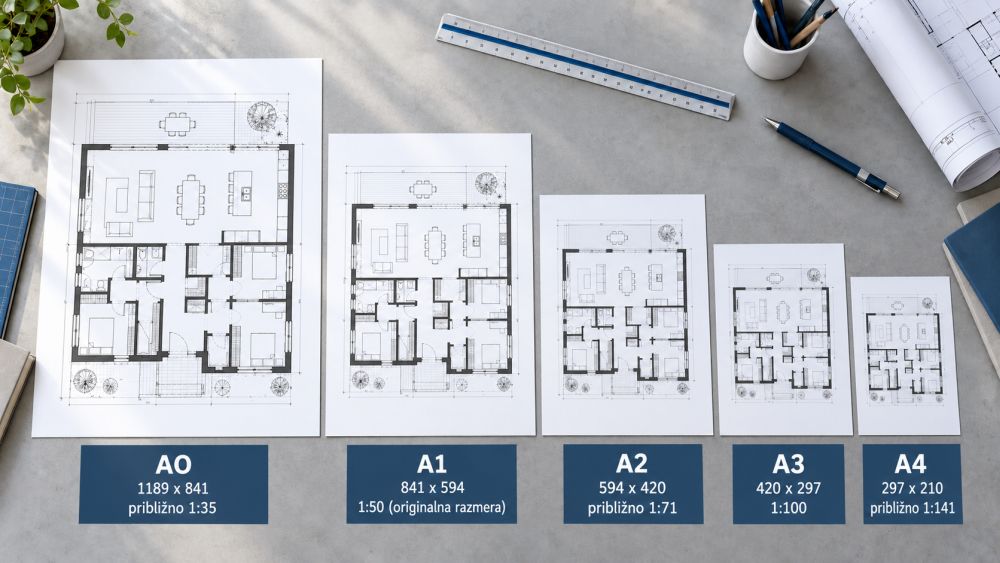 Poređenje istog CAD crteža na formatima papira od A0 do A4 sa prikazanim dimenzijama i promenama razmere.