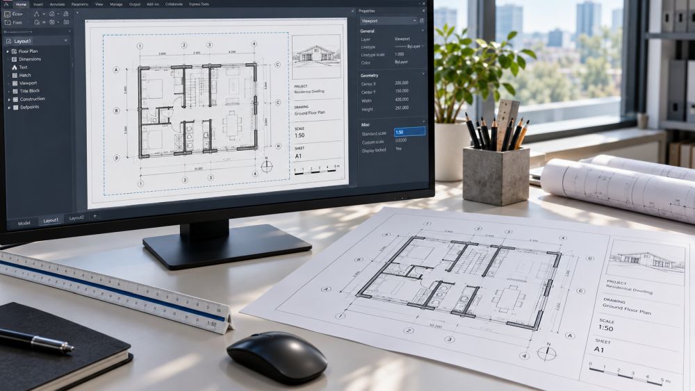 CAD tlocrt podešen u layout prostoru na razmeru 1:50, prikazan na monitoru pored odštampanog crteža.